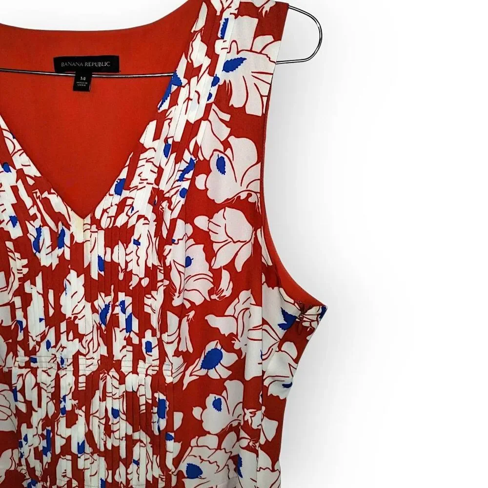 Banana Republic Womens Red Floral Pintuck Pleated Sleeveless V-Neck Dress 14 - Picture 7 of 13